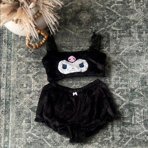 Black Plush Kuromi Two-Piece velvet bloomer shorts set